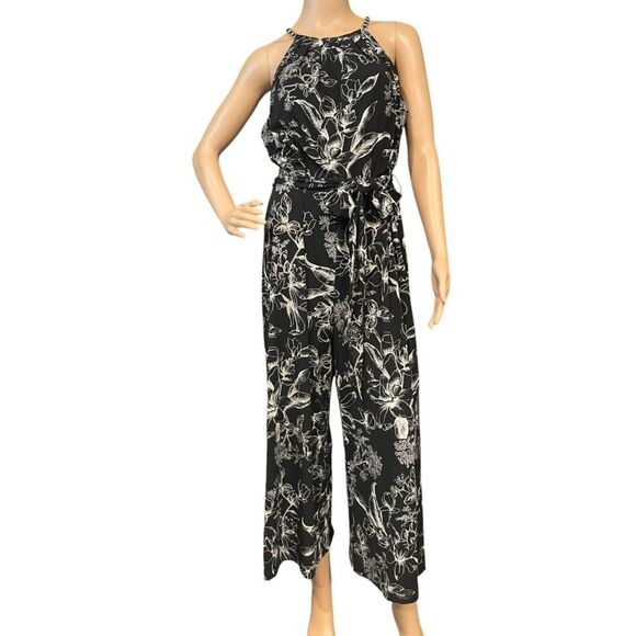WHITE HOUSE BLACK MARKET Black & White Floral Jumpsuit Belted Sz 12 - Picture 3 of 10